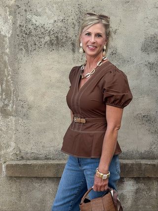 V Neck Belted Blouse With Contrast Stitching - Annie Jack TX