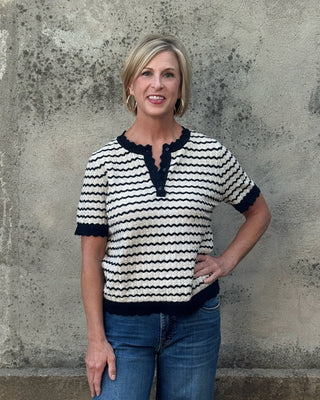 Scalloped Stripe Textured Short Sleeve Sweater - Annie Jack TX