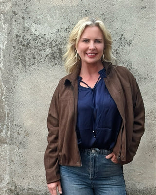 Classic Suede Zippered Bomber Style Jacket - Annie Jack TX