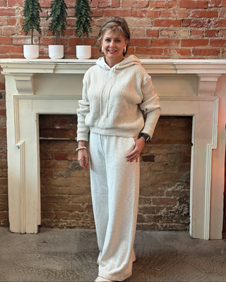 creme oatmeal colored hoodie and pant lounge set