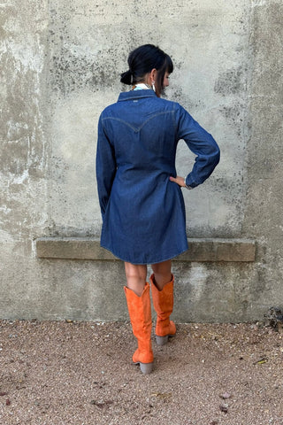 Western Pearl Snap Long Sleeve Denim Dress - Annie Jack TX