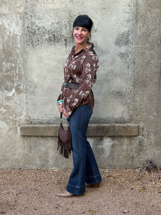 Horse Print Button Down Blouse - Annie Jack TX