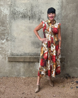 Vintage Rose Print Zip Front Collared Midi Dress - Annie Jack TX