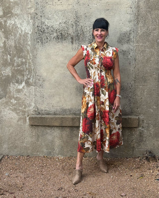 Vintage Rose Print Zip Front Collared Midi Dress - Annie Jack TX