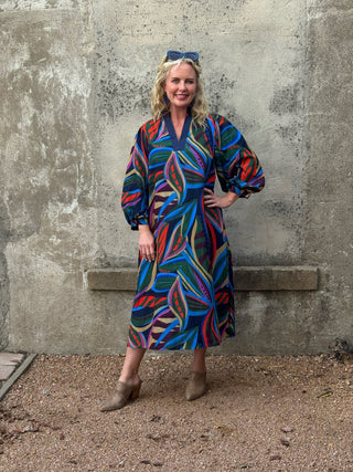 Jodifl Abstract Leaf Print Balloon Sleeve Midi Dress - Annie Jack TX