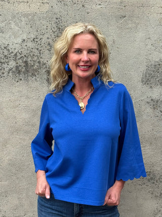 Jodifl Royal Blue Scalloped Split Neck Top - Annie Jack TX