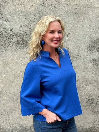 Jodifl Royal Blue Scalloped Split Neck Top - Annie Jack TX
