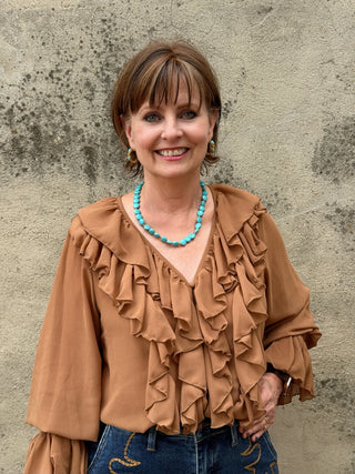 Lucky & Blessed Camel Cascading Ruffle Blouse