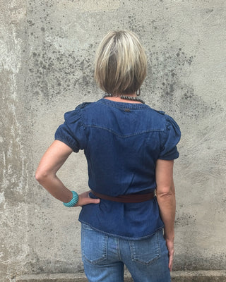 Ruffle V-Neck Dark Denim Button Down Top