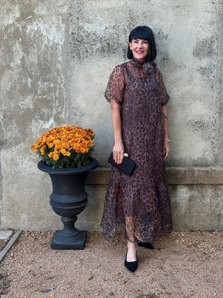 Leopard Organza Tie Neck Maxi Dress - Annie Jack TX