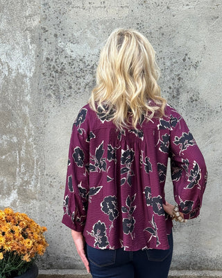 Wine and black floral print button-up blouse by Entro, alternate view