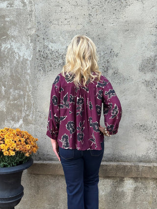 Wine Floral Smocked Button-Up Blouse - Annie Jack TX