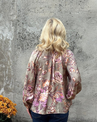 Olive floral print ruffle collar balloon sleeve blouse by Umgee, alternate view