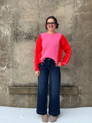 Pink & Red Sweater W/ Fun Stitching - Annie Jack TX