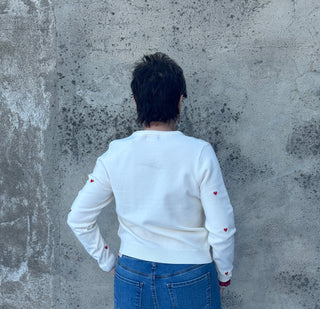 Sweetheart Embroidered Knit Sweater – Romantic Off-White Crewneck - Annie Jack TX