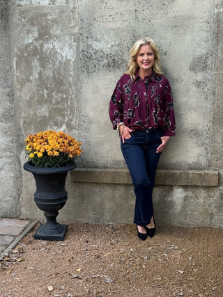 Wine Floral Smocked Button-Up Blouse - Annie Jack TX