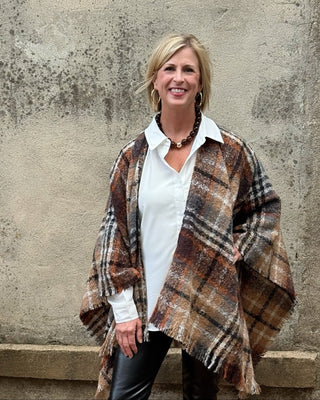 Molly B Plaid Poncho | Classic Women's Fringe Poncho Sweater - Annie Jack TX