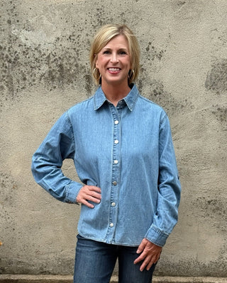 Light Wash Denim Button-Up Shirt - Annie Jack TX