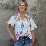 Puff Sleeve Floral Tassel Tie Top