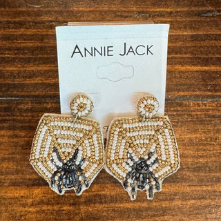 Beaded Spider Web Earrings in Gold and White - Annie Jack TX