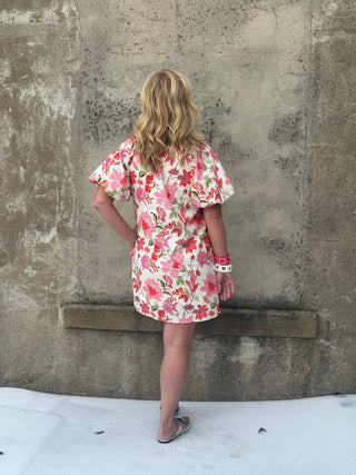 Floral Balloon Sleeve Mini Dress - Vibrant Pink & Coral - Annie Jack TX