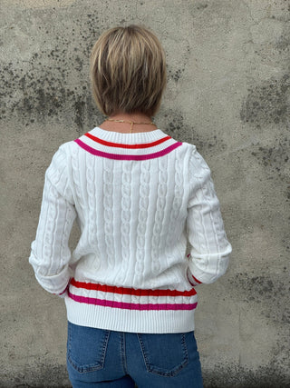 Varsity Stripe Cable Knit V - Neck Sweater - Annie Jack TX