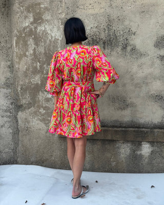 Vibrant Floral Balloon Sleeve Mini Dress – Belted Fit & Flare - Annie Jack TX