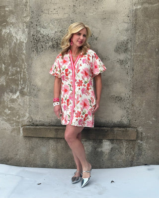 Floral Balloon Sleeve Mini Dress - Vibrant Pink & Coral - Annie Jack TX