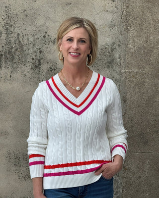 Varsity Stripe Cable Knit V - Neck Sweater - Annie Jack TX
