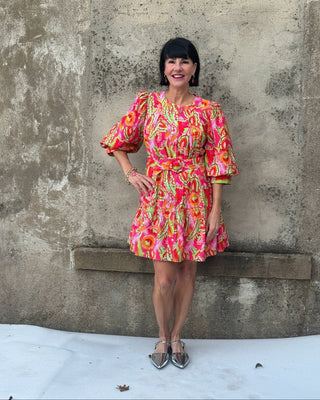 Vibrant Floral Balloon Sleeve Mini Dress – Belted Fit & Flare - Annie Jack TX