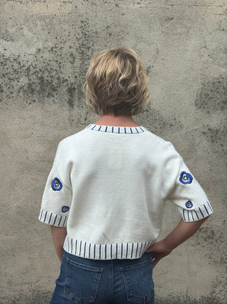 Blue Floral Embroidered Short Sleeve Cardigan - Annie Jack TX