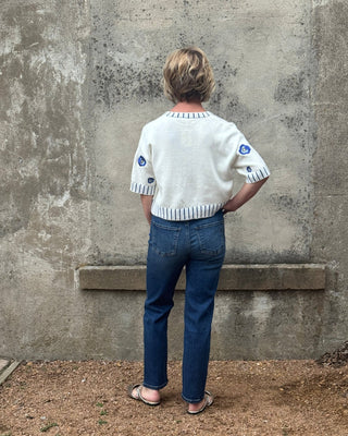 Blue Floral Embroidered Short Sleeve Cardigan - Annie Jack TX