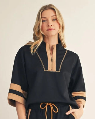 Black & Camel Half-Zip Mock Neck Sweatshirt - Annie Jack TX