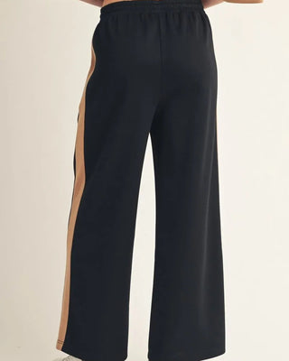 Black and camel side stripe wide leg pant for women at Annie Jack TX