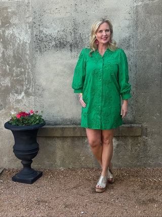 Vibrant Green Embroidered Floral Ruffle Neck Dress - Annie Jack TX