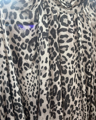 Entro gray and black leopard print blouse with ruched mock neck and balloon sleeves
