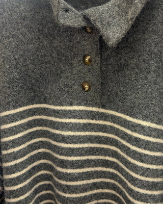 Entro charcoal gray collared polo sweater with ivory stripes and three-button placket