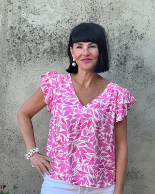 Magenta & White Tropical Flutter Sleeve Leaf Top - Annie Jack TX