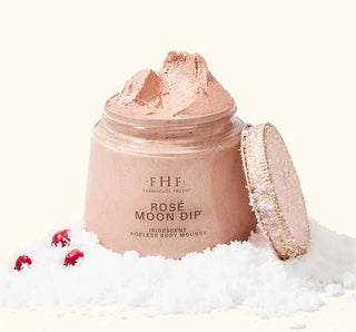 Rosé Moon Dip shimmer body mousse jar in holiday snow with red berries - Annie Jack TX