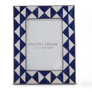 Photo frame with blue and white geometric pattern on a white background