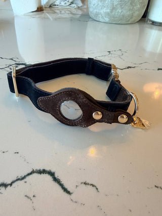 Heirloom Suede AirTag Dog Collar — Black & Coffee - Annie Jack TX