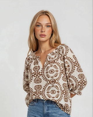RT-4368-6 SHORT SLEEVE PRINTED BLOUSE-BROWN MULTI - Annie Jack TX