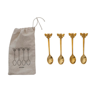 Brass Spoons with Bees, Set of 4 in Drawstring Bag - Annie Jack TX