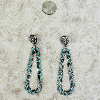 ER230225-01-BLUE     Silver sunburst concho with blue turquoise stone long teardrop Earring - Annie Jack TX