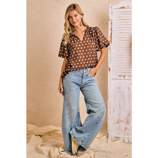Mocha Brown Polka Dot V Neck Top - Annie Jack TX