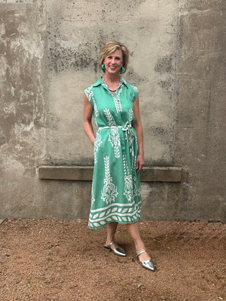 Mint Patterned Button - Down Midi Dress - Annie Jack TX
