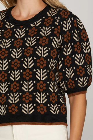 Short Puff Sleeve Pattern Sweater - Annie Jack TX